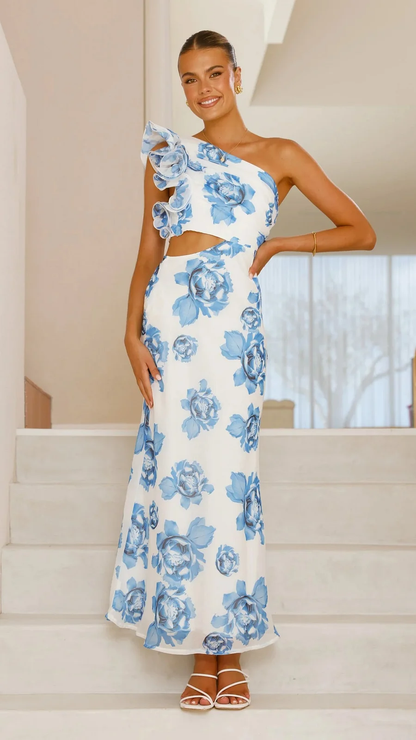 Lucía™ | Vestido Largo Asimétrico con Diseño Floral Elegante