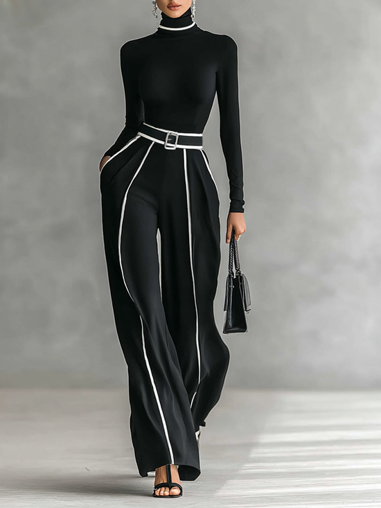 Elena | Conjunto 2 piezas mujer – Dolcevita de manga larga & Pantalón palazzo con cinturón