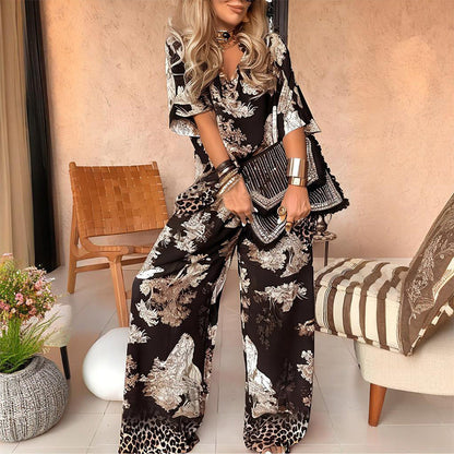 Conjunto Estampado con Blusa de Cuello en V + Pantalón Largo