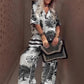 Conjunto Estampado con Blusa de Cuello en V + Pantalón Largo